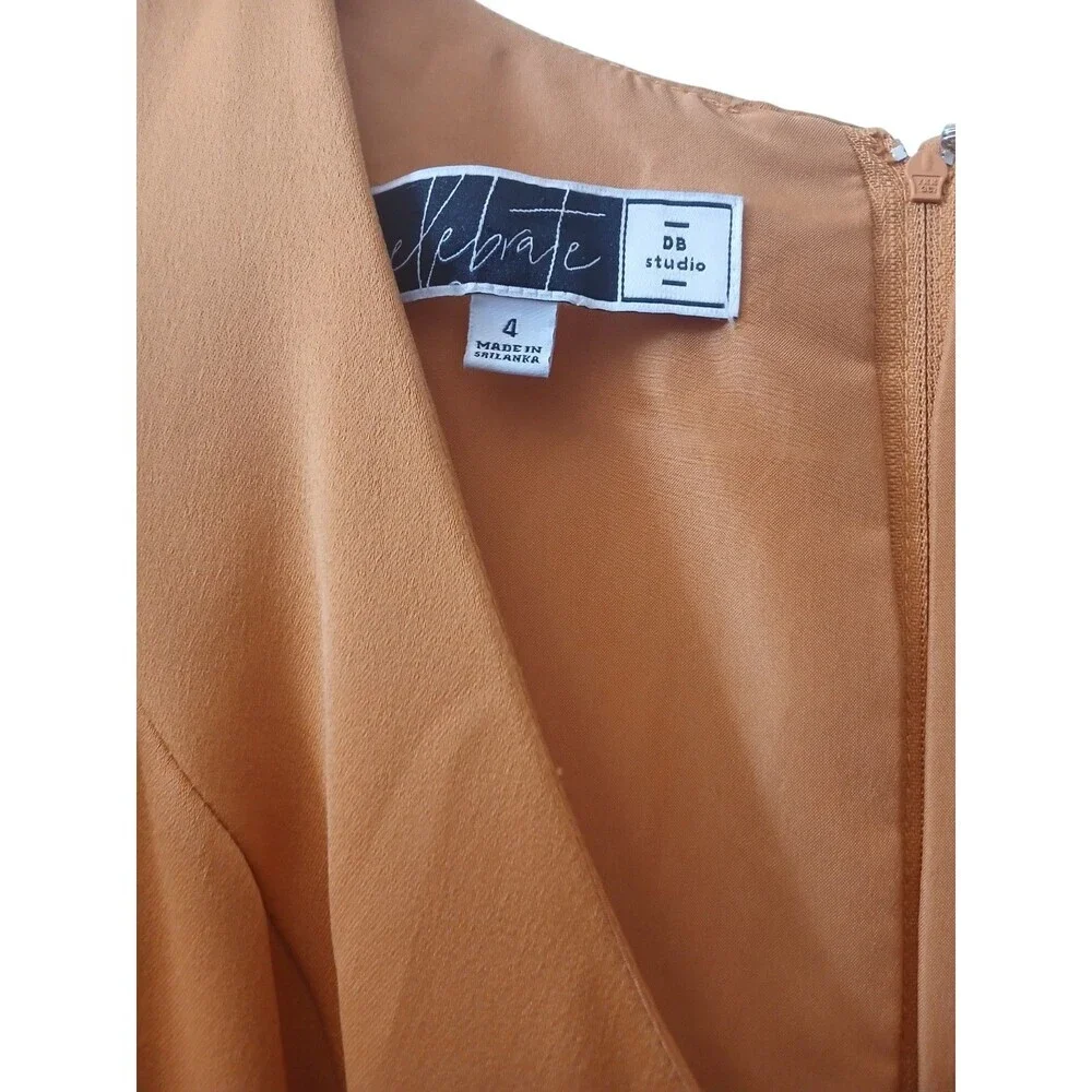 DB Studio Celebrate Mustard Midi Dress Size 4 Ruffle Hem V-Neck Elegant Dress